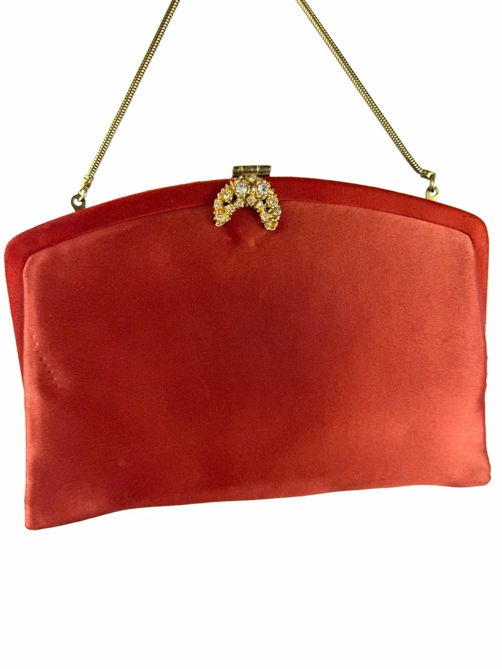 Vintage Rhinestone Clasp Evening Bag Rust Satin Clutch La France Handbag